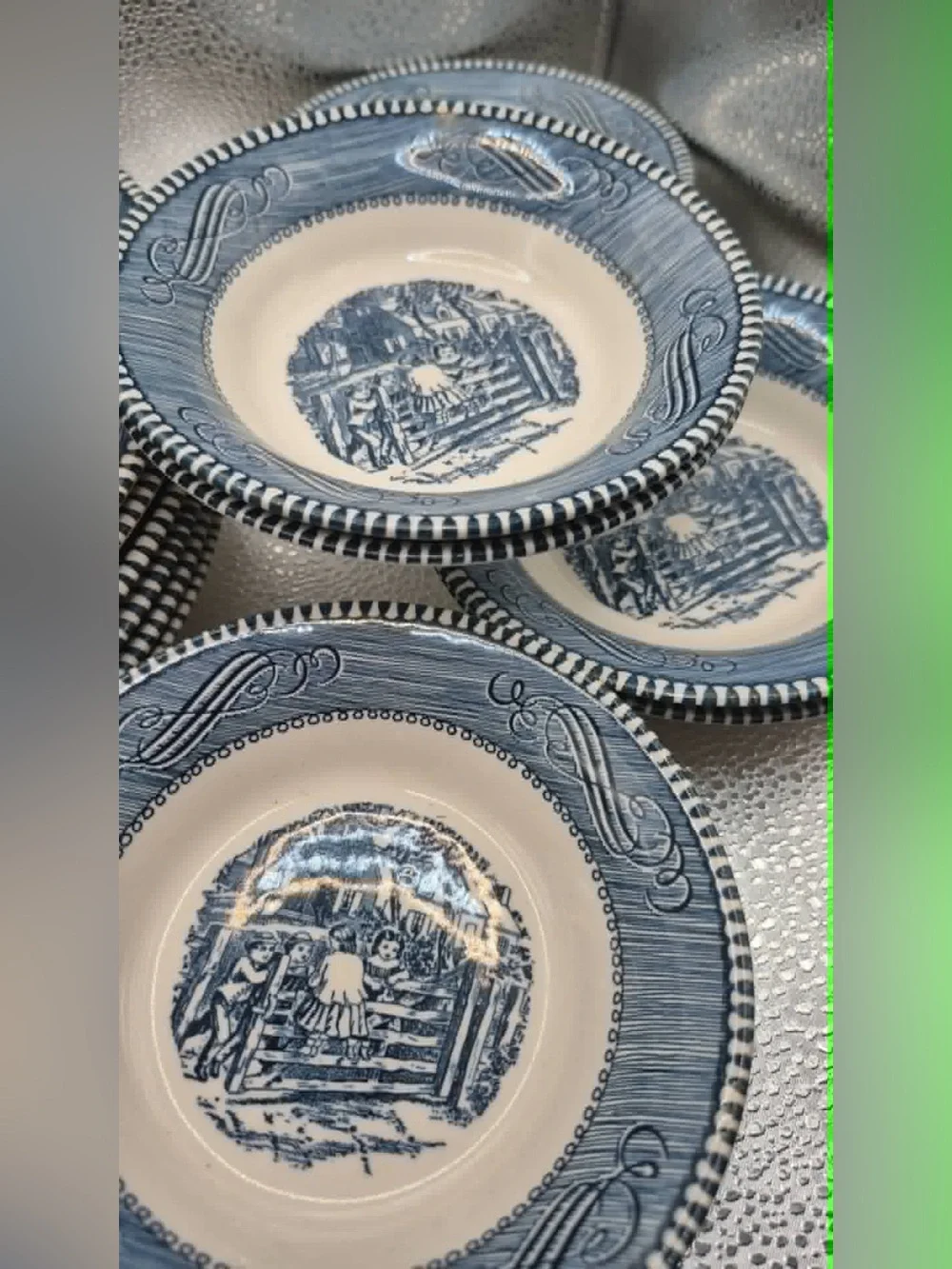 8 Currier & Ives ‘Country Farm Gate’ Blue & White Dessert Bowls Cottagecore Set
